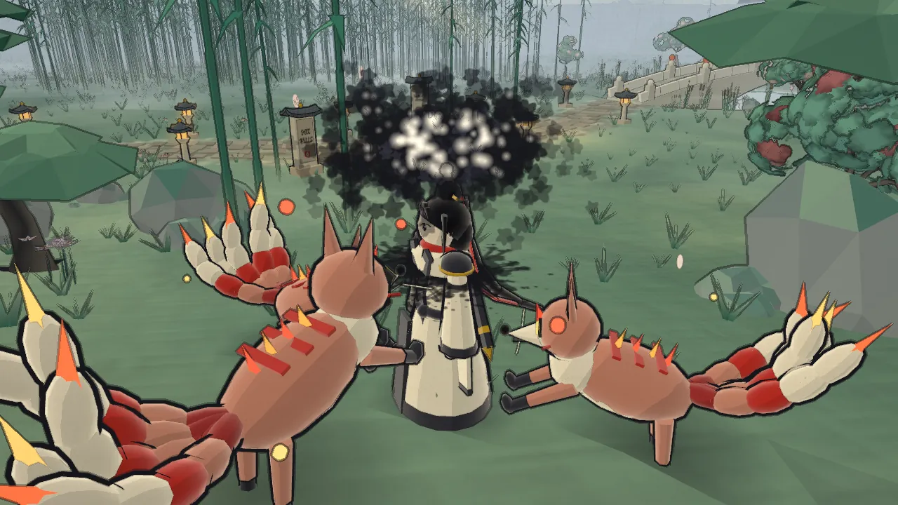 Two red and white Fox Spirits with several tails attack a player on green hills in a burst of ink.