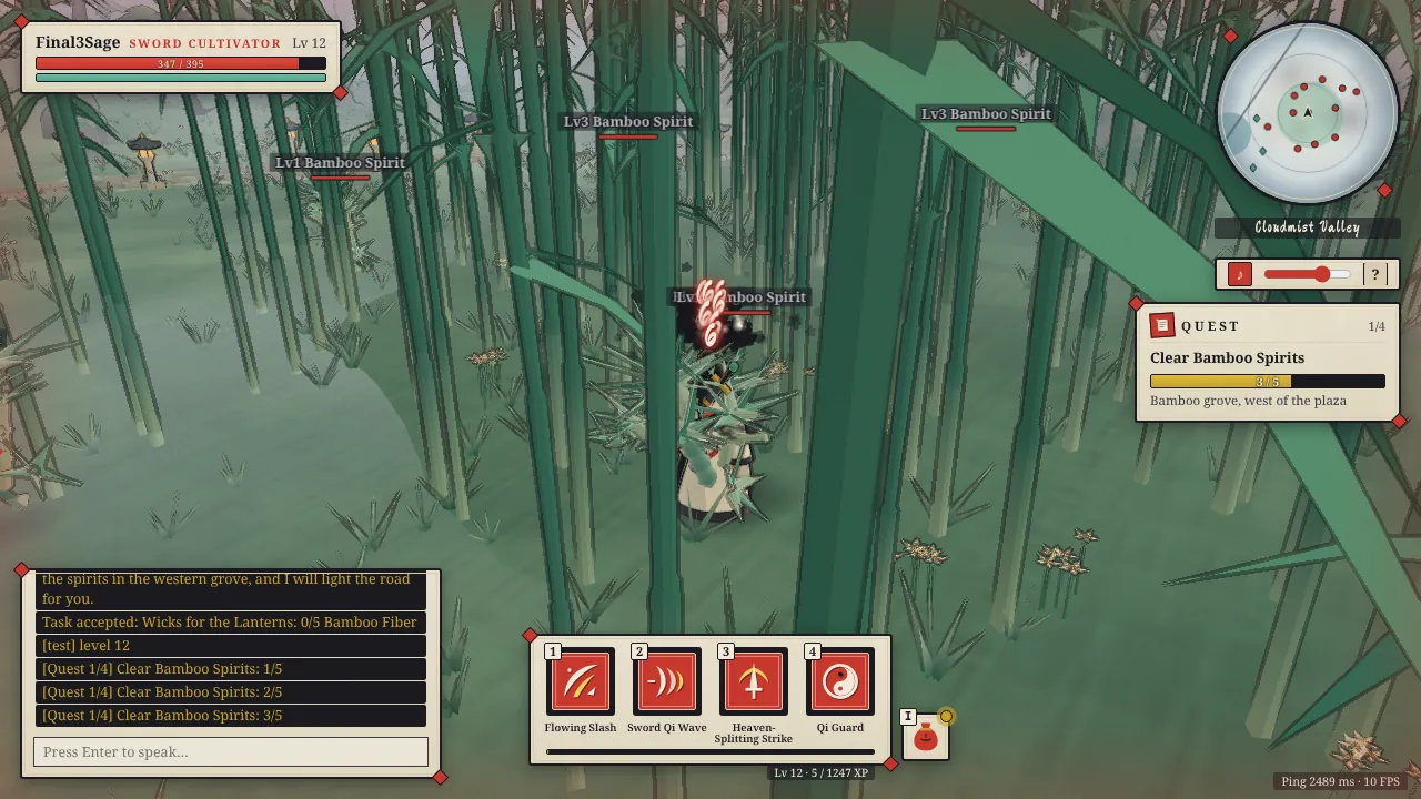A Sword Cultivator fights a Bamboo Spirit among tall bamboo in the western grove.