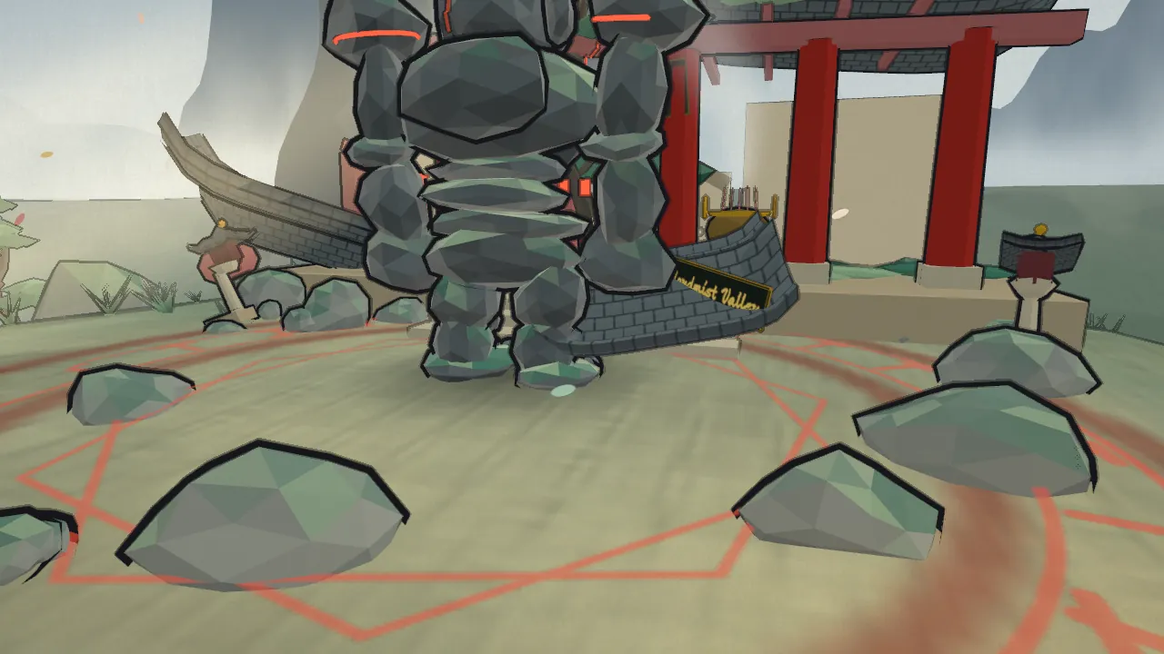 Close view of the Stone Guardian, a hulking figure of dark stacked stone with glowing red eyes, in front of a red torii gate.