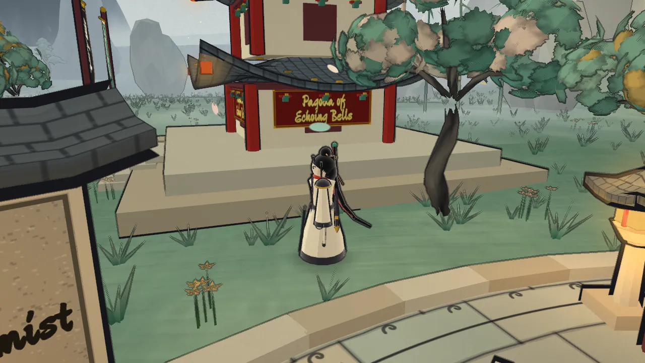A cultivator stands before the Pagoda of Echoing Bells beside a carved sign.